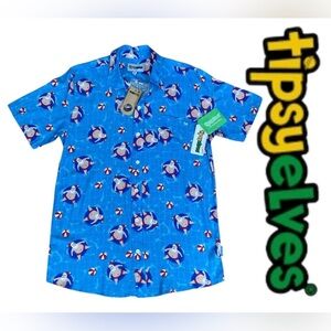 Tipsy Elves Mens Medium NWT Bottle Opener Blue Santa Button Down Short Sleeve